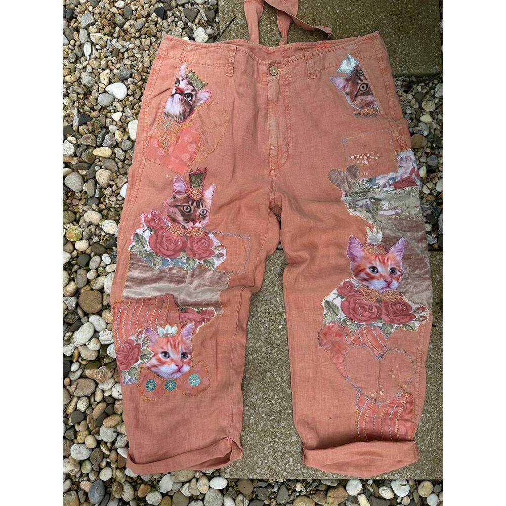 Custom made Reworked Boho CAT princess  pants Patch linen peach unique one sz